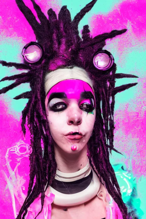 Image similar to portrait of an cybergoth girl with pink and black dreads laying on the floor of her room on ipad, by laia lopez, vaporwave colors, lo - fi colors, vaporwave, lo - fi, moody vibe, goth vibe, 4 k, hd,