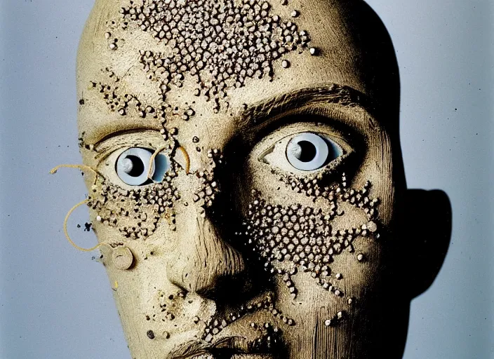 Prompt: realistic photo portrait of the a sculpture of a science of wood, eyes made of caviar poorly designed in style of arte povera, fluxus, dadaism, joseph beuys, ugly made, low quality, nonprofessional, trash levitating in the wooden room 1 9 9 0, life magazine reportage photo