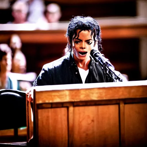 Image similar to cinematic still of Michael Jackson preaching at a Baptist Church in Rural Tennessee, close up, shallow depth of field, cinematic