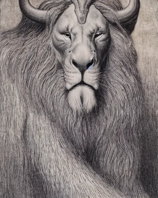 Image similar to a creature with the body and eyes of a man, with the beak of an eagle, the mane of a lion, and the horns of an ox drawn by jean delville