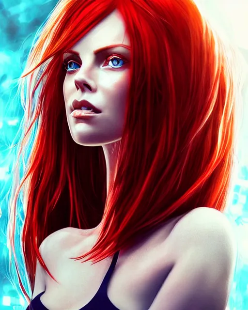 Prompt: perfect red haired attractive goddess with blue eyes, beautiful, symmetric, dreamy, pretty face, charlize theron, detailed, scifi platform, laboratory, experiment, 4 k, ultra realistic, epic lighting, illuminated, cinematic, masterpiece, art by sakimi chan