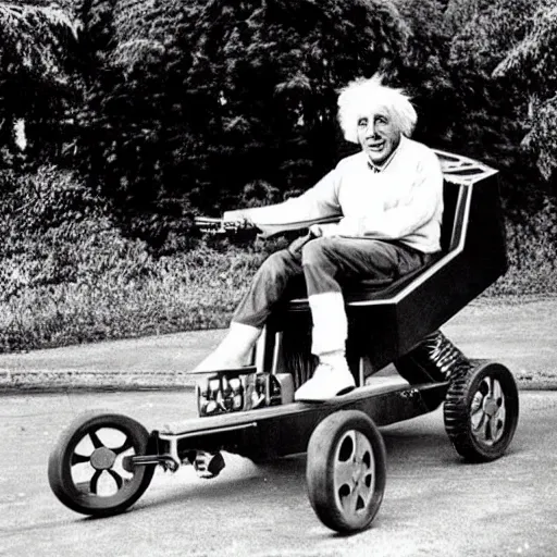 Prompt: Albert Einstein driving a Star Wars Speeder bike