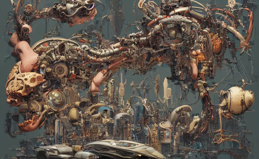 Image similar to anatomically correct innards and muscles and futuristic machine parts with retro scifi interface screens by Peter Mohrbacher, by Katsuya Terada, by Paul Pope, by Roger Dean, by Kim Jung Gi, by Frank Frazetta, by Katsuhiro Otomo, by Mike Mignola, cyberpunk color scheme, some esoteric elements