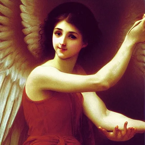 Image similar to a heavenly oil painting of an angel singing holding a microphone on one hand, by Bouguereau, highly detailed and intricate,