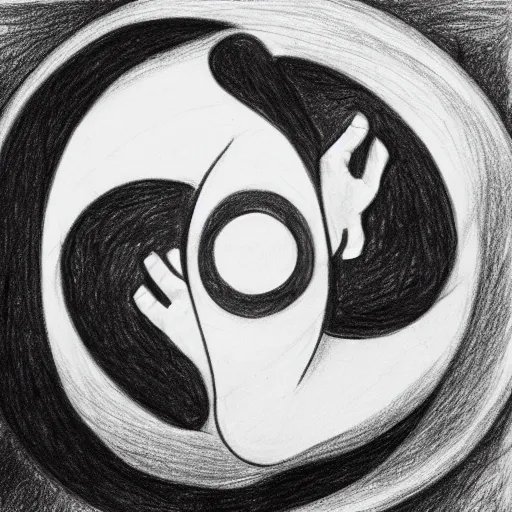 Image similar to a drawing of a pregnant woman giving birth to emerging yin - yang daoist symbol emerging from womb, black and white detailed pencil drawing dao