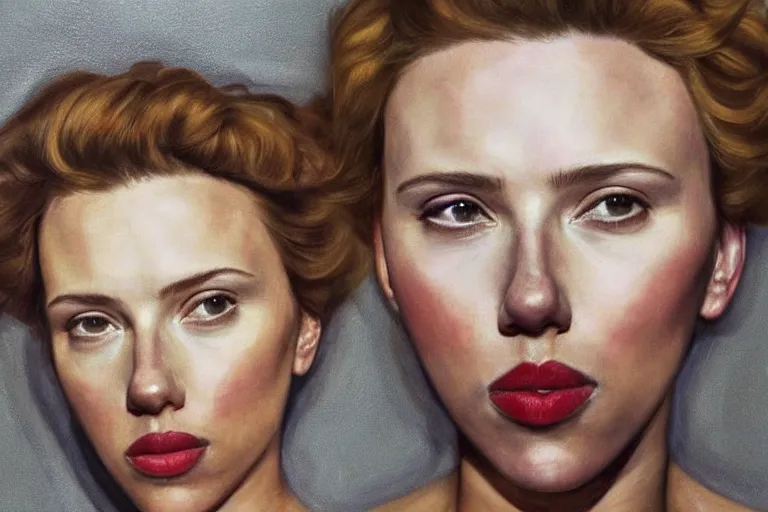 Prompt: a beautiful portrait of scarlett johansson painted by lucian freud