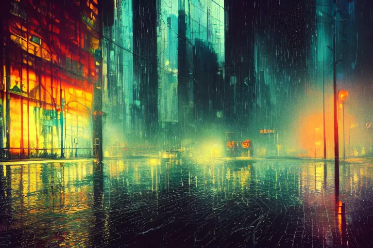 Prompt: city slow exposure, rain like a dream, oil painting, cinematic, surreal, dramatic, otherworldly, dreamlike, soft volumetric lighting, cyberpunk, basquiat + moebius + francis bacon + gustav klimt + beeple, elevated street art, fantasy lut, textural,