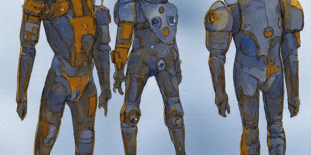 Image similar to male, full body, modern space suit, intriguing helmet, very stylized character design, large shoulders, short torso, long thin legs, tiny feet, science fiction, hyperdetailed, technical suit, dieselpunk, watercolor digital painting, in the style of mike mignola, by alex maleev, jean giraud, painted by leyendecker