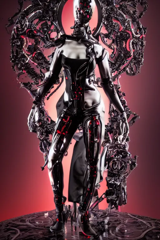 Image similar to full-body cyberpunk style sculpture of a young beautiful dark priestess, half android with a head opening exposing circuitry, glowing red eyes, black roses, flowing blood red colored silk, fabric, candles. baroque elements, human skull. full-length view. baroque element. intricate artwork by Caravaggio. crows flying in background. Trending on artstation, octane render, cinematic lighting from the right, hyper realism, octane render, 8k, depth of field, 3D