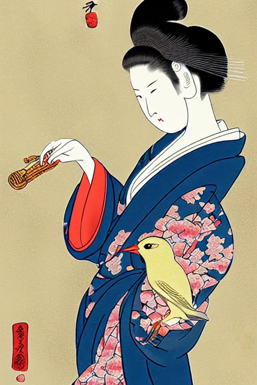 Prompt: a woman in a kimono is holding a bird, a storybook illustration by Yuumei, tumblr contest winner, ukiyo-e, tarot card, storybook illustration, digital illustration