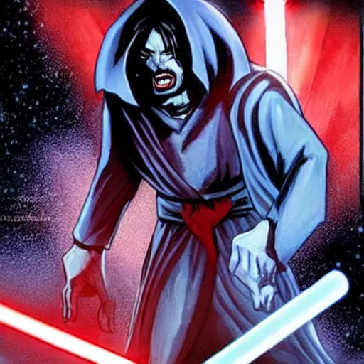 Image similar to morbius. morbius!!!!!!!!!! morbius. morbius holding a lightsaber. and skywalker, pyramids in background.