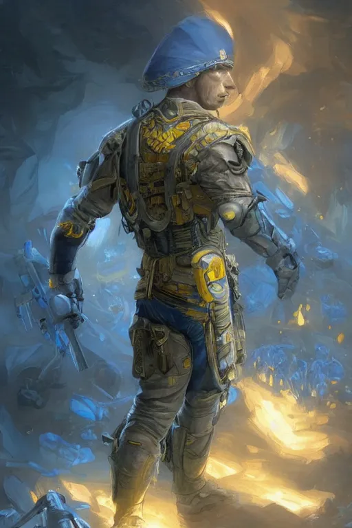 Prompt: shot of Vladimir Zelenskiy as a super soldier with Ukrainian blue and yellow flag on his back, handsome, fantasy, intricate, pile of skulls under his feet, elegant, highly detailed, digital painting, artstation, concept art, smooth, sharp focus, illustration, art by artgerm and greg rutkowski and alphonse mucha