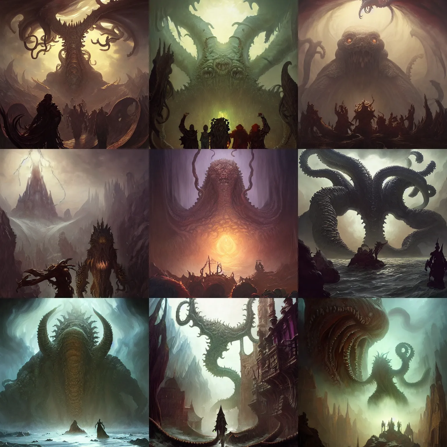 Prompt: giant lovecraftian monster looms over a tiny party of 5 adventurers, high fantasy, horror, dnd, highly detailed, smooth, sharp focus, chiaroscuro, digital painting, artgerm and greg rutkowski and alphonse mucha