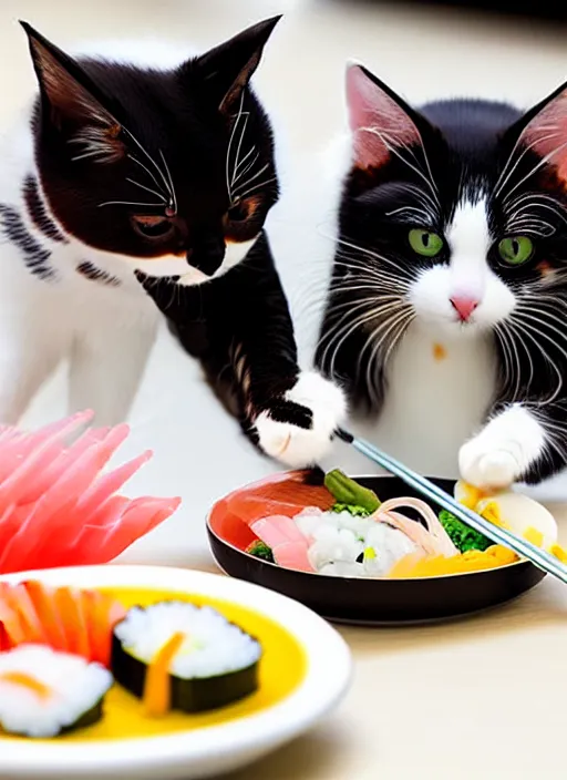 Image similar to clear photograph of cute cats stealing sushi from sushi plates