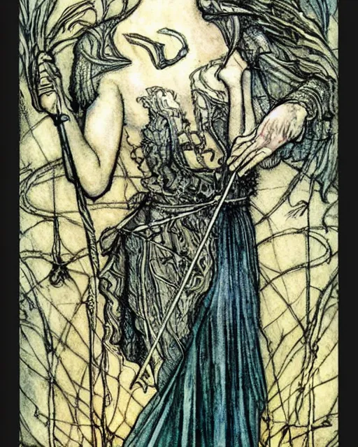 Image similar to tarot card detailed painting, illustration, tarot card framing with roman numbers, in style of Arthur Rackham