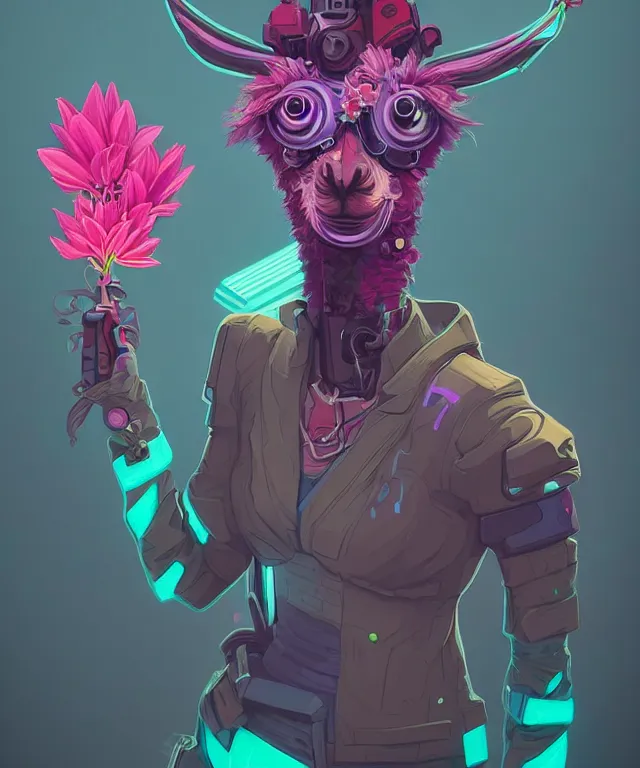 Image similar to a portrait of an anthropomorphic cyberpunk llama holding a flower, cyberpunk!, fantasy, elegant, digital painting, artstation, concept art, matte, sharp focus, illustration, art by josan gonzalez