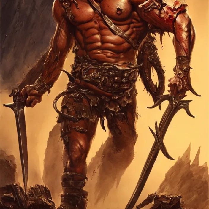 Image similar to Ash Williams from The evil dead, manowar album, Muscular man, striking demon with large bloody barbarian sword, D&D, fantasy, intricate, cinematic lighting, highly detailed, digital painting, artstation, concept art, smooth, sharp focus, illustration by Frank Frazetta,