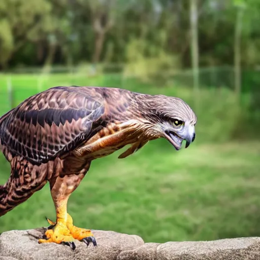 Image similar to hawk morphed with a velociraptor hybrid animal, high quality photo taken in zoo, realistic