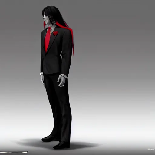 Prompt: a pale vampire, male, mid - 3 0 s, long black hair, clean shaven, dressed formally in red and black, highly detailed, concept art, smooth, sharp focus, unreal engine 5, 8 k.