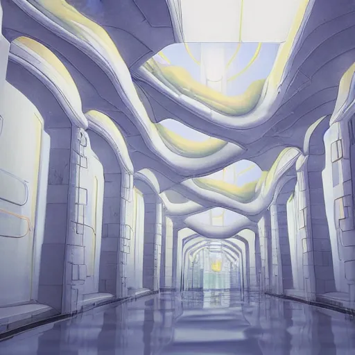 Image similar to a flood of slime in a bright white hallway with many doors and many stairs, Mc Escher architecture, epic composition, by Makoto Shinkai