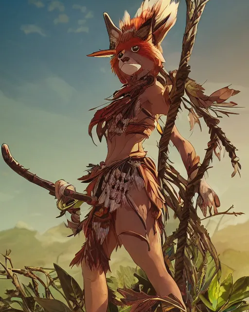 Prompt: an anthropomorphic fox warrior wearing full body tribal clothes made of leaves, leather, and vines, holding a in her hand spear. Posed heroically on a rock. Adventurous, new adventure, trees, rocks, atmospheric lighting, stunning, brave. By Makoto Shinkai, Stanley Artgerm Lau, WLOP, Rossdraws, James Jean, Andrei Riabovitchev, Marc Simonetti, krenz cushart, Sakimichan, D&D trending on ArtStation, digital art.