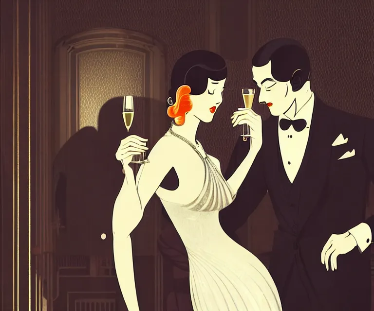 Prompt: a beautiful classy partying couple, dimly lit upscale 1920s speakeasy, relaxed pose, art deco, detailed painterly digital art style by Osamu Tezuka, retro vibe, 🍸, 8k octane beautifully detailed render, post-processing, extremely hyperdetailed, intricate, epic composition, grim yet sparkling atmosphere, cinematic lighting + masterpiece, trending on artstation, very detailed, vibrant colors, Art Nouveau, masterpiece, romanticism