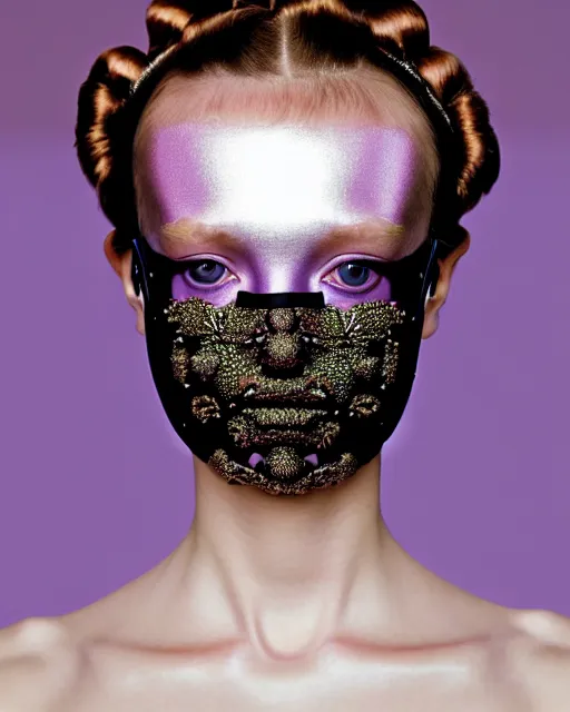 Image similar to symmetrical close - up portrait of a woman wearing a lilac metallic embroidered beauty mask and hair buns, wearing a black bodysuit by alexander mcqueen, cream white background, soft light, biotechnology, humanoide robot, bjork aesthetic, translucent, by rineke dijkstra, intricate details, highly detailed, masterpiece,