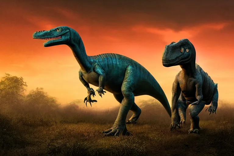 Image similar to Realistic photograph of a somber dinosaur standing in the distance in the style of Dark Naturalism, Jungle Grunge, twilight, glows, detailed, studio quality, hd image,