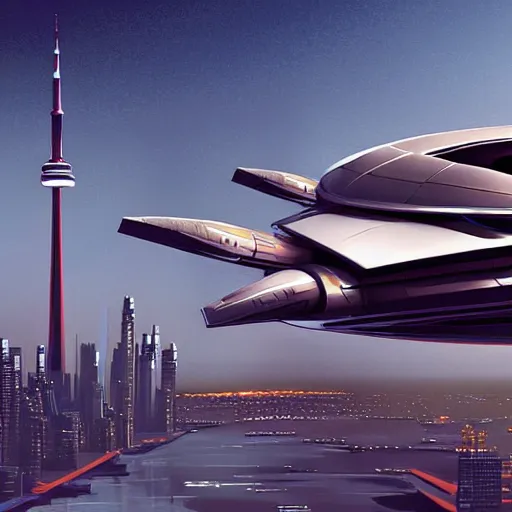Prompt: futuristic spaceship flying across the skyline of toronto, syd mead, trending on artstation, concept design