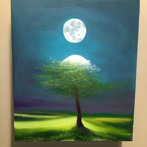 Image similar to This painting has such a feeling of peace and serenity. The tree is so still and calm, despite the wind blowing around it. The moonlight casts a soft glow over everything and the starts seem to be winking at you...