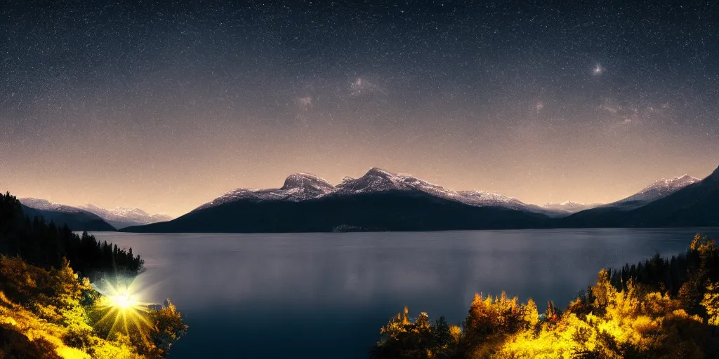 Prompt: photo of a lake at night with bright stars with mountains in the background, landscape, beautiful, elegant, award winning photograph, highly detailed, high resolution photo, cinematic lighting, trending on artstation, 8 k