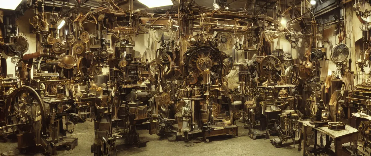 Prompt: movie still 4 k uhd 3 5 mm film color photograph of an steampunk workshop full of xix century differential machines
