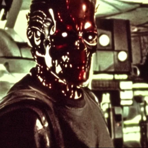 Prompt: film still of the terminator covering his face with a bandana, red glowing eyes, grainy