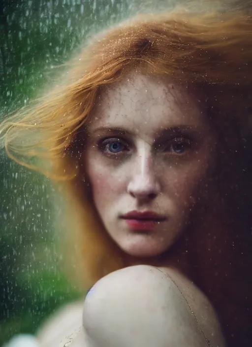 Prompt: cinestill 5 0 d photo of a pre - raphaelite blond beautiful woman, dreamy mood, fine art photography in style of gilles zimmermann, 1 5 0 mm, f 1. 2, emotionally evoking, head in focus, stormy rainy clouds outdoor, matt colour background, volumetric lighting, hyper realistic, ultra detailed