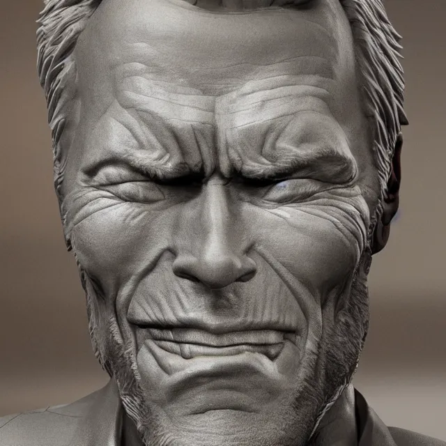 Image similar to photography of a sculpture of Clint Eastwood made of clay by Sebastian Kruger and Michelangelo, 50mm, studio atmosphere, 8K, rim light, octane render, ultra-realistic