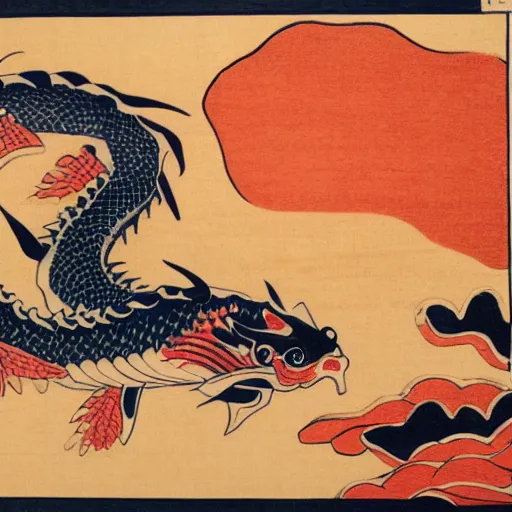 Prompt: koi fish, dragon, sunset, samorai, eating sushi, gensha, ukiyo - e