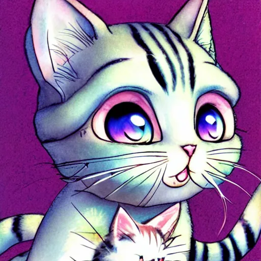 Image similar to a cute illustration of a cheshire kitten blinking by yoshitaka amano, tetsuya nomura, digital art,