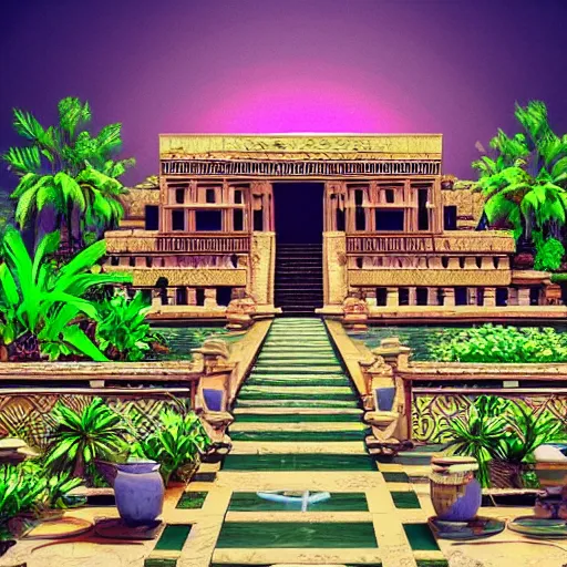 Image similar to a old big egyptian palace with plants and waterfalls, retrowave art,digital art,trending on art station