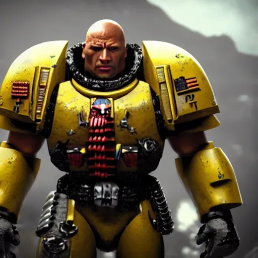 Image similar to Dwayne Johnson as a space marine from warhammer 40k, unreal engine 5, cinematic, 4k, detailed