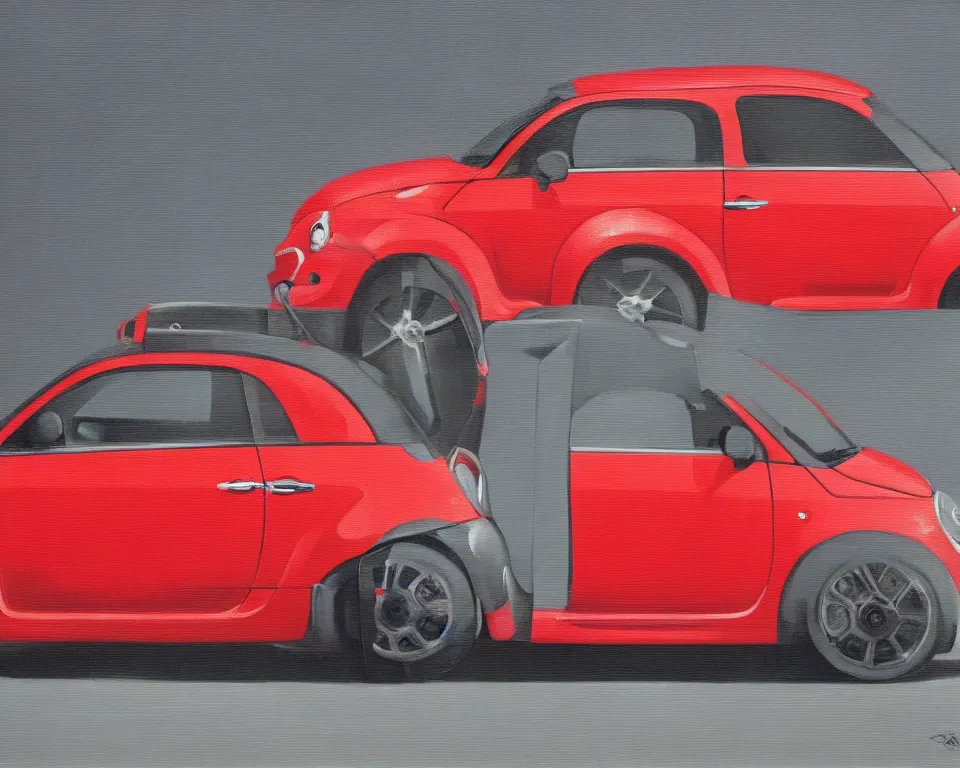 Prompt: a flat, vibrant, oil painting of the side view of a grey 2013 fiat 500c abarth by Rene Magritte.