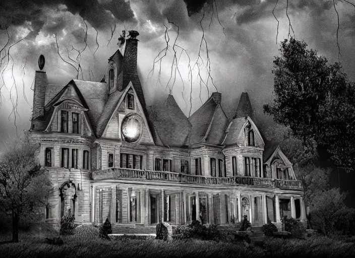 Image similar to a haunted mansion atop a hill during a thunder storm, scary, night, lighting, cinimatic, movie, horror, photorealism