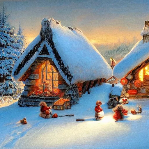 Image similar to many dwarves in front of a warm cabin in the snow, winter wonderland, cozy, nostalgia, Christmas, warmness, artwork in the style of Alan Lee