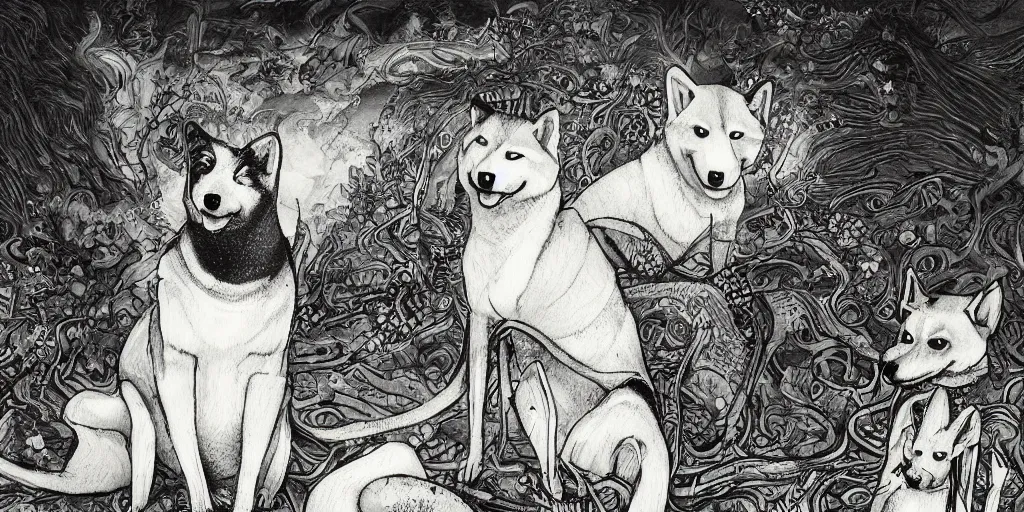 Image similar to a portrait of a shiba inu in the foreground of takiyasha the witch and the skeleton spectre, artistic, highly detailed,