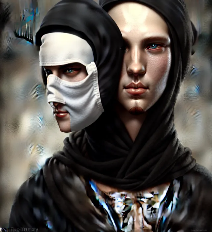 Image similar to white man with black fabric medical mask, short dark hair, highly detailed face!!!, true anatomy!, extremely detailed!, digital painting, unreal engine 5, art by tom bagshaw