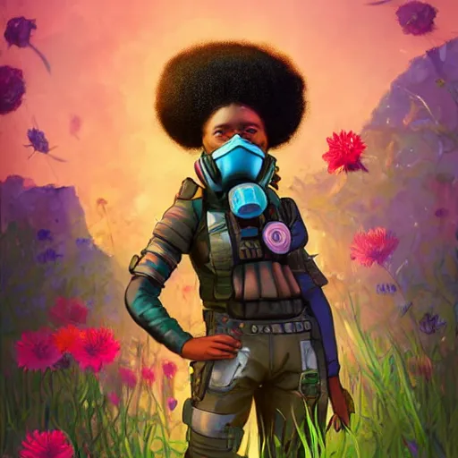 Prompt: a young black girl with colorful afro puffs wearing a gas mask in a field of flowers, Apex Legends character, digital illustration portrait design, by amanda sage and adi granov, retrowave color scheme, detailed, cinematic lighting, wide angle action dynamic portrait