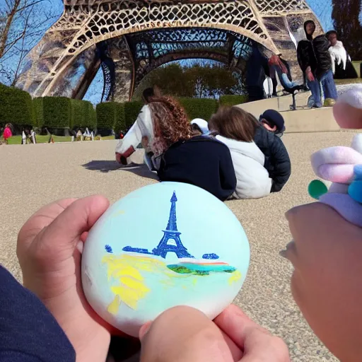 Image similar to A polar bear painting easter eggs in front of the Eiffel Tower