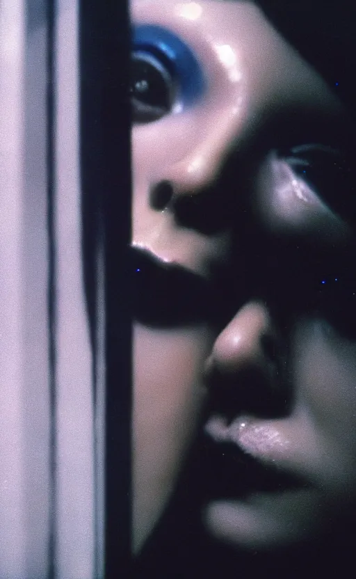 Image similar to cinestill 5 0 d candid photographic portrait by stanley kubrick of a feminine man wearing rugged black techwear and glitter goth girl makeup looking in the bathroom mirror, cramped new york apartment, extreme closeup, retrofuturism cyberpunk emotional cinematic, light and shadows, 8 k, hd, high resolution, 3 5 mm, f / 3 2, ultra realistic faces
