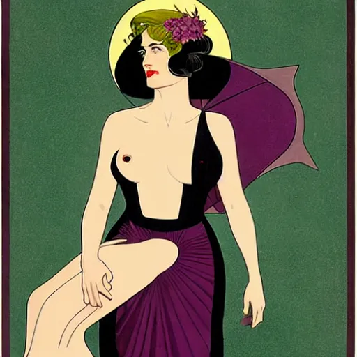 Image similar to Eva Green is Metamorpho, the Element Woman, Art by Coles Phillips, Chalk white skin, deep purple hair, Green eyes, Portrait of the actress, Eva Green as Metamorpho, art deco, Alphonse Mucha, carbon black and antique gold