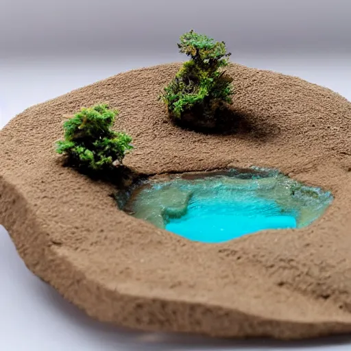 Image similar to a tiny clay pool model full of resin as water, resin and clay art.