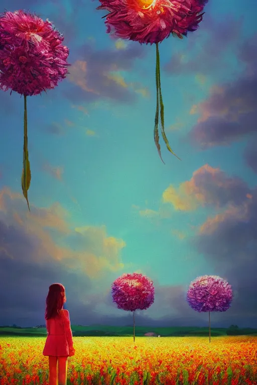 Image similar to closeup, giant flower head, girl standing in a field of flowers, surreal photography, sunrise, blue sky, dramatic light, impressionist painting, digital painting, artstation, simon stalenhag